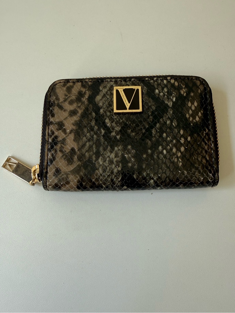 Victoria's Secret Black Snakeskin Zip Wallet with Gold V Logo